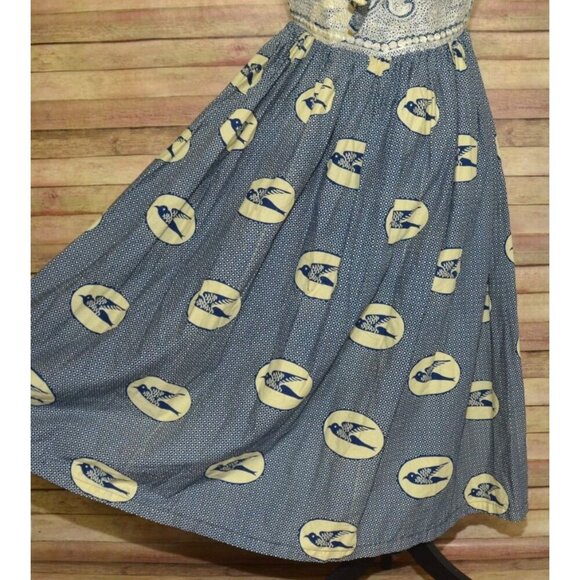 Hand Made Blue & Beige Nautical Coastal Sundress Size L Embroidered Bird Pattern - Picture 7 of 14